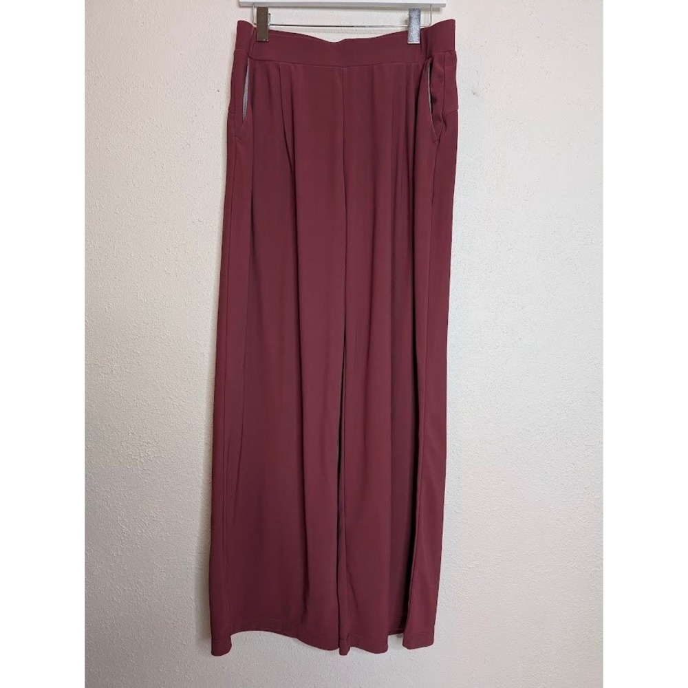 Halara Womens Large Burgundy Ribbed Wide Leg Pants Elastic Waist Office Comfort